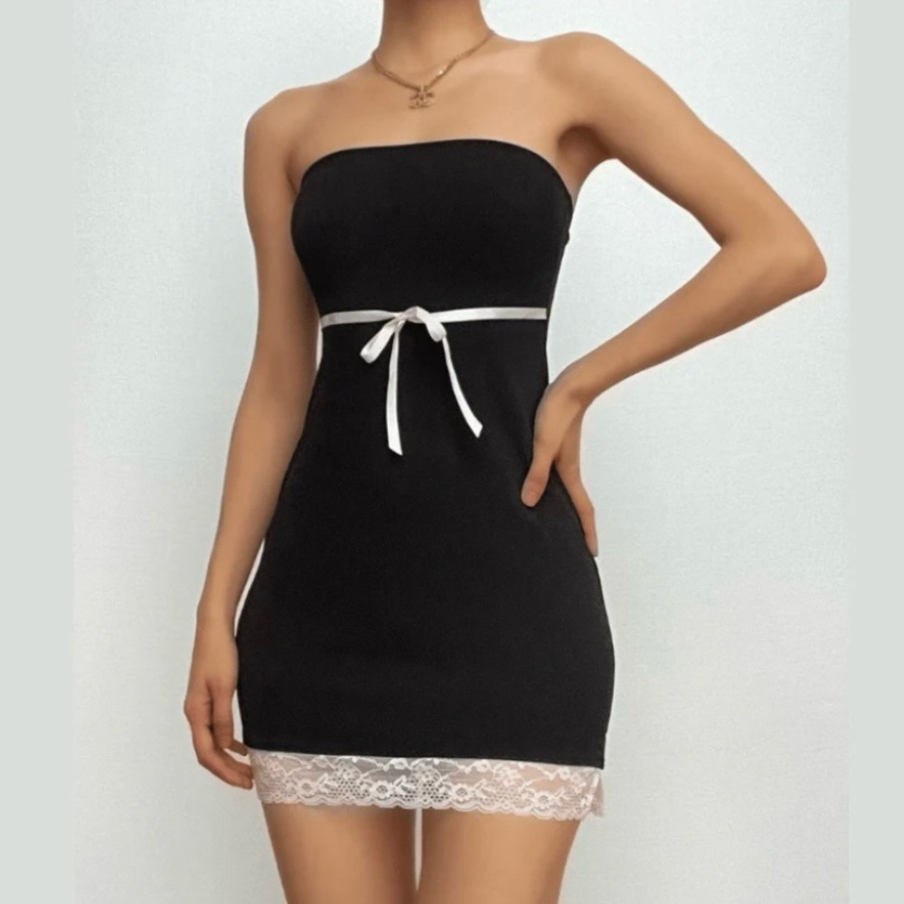 Strapless Black Mini Dress with White Lace Trim